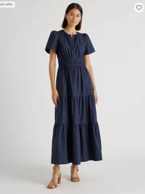NWT Quince 100% Organic Cotton Poplin Tiered Maxi Dress Navy Blue Women’s Size S